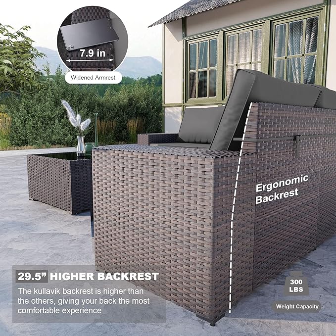 Kullavik 13 Pieces Outdoor Patio Furniture Set with 43" 55000BTU Gas Propane Fire Pit Table PE Wicker Rattan Sectional Sofa Patio Conversation Sets,Grey