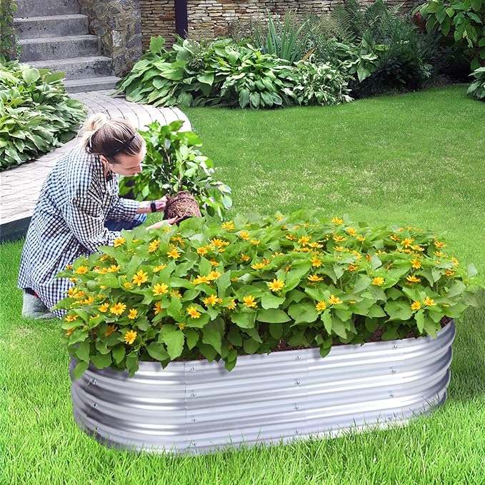 Aoodor Galvanized Raised Garden Bed Kit, 4 x 2 x 1 Ft Oval Planter Box for Vegetables, Flowers, Herbs, Outdoor Use, Silver