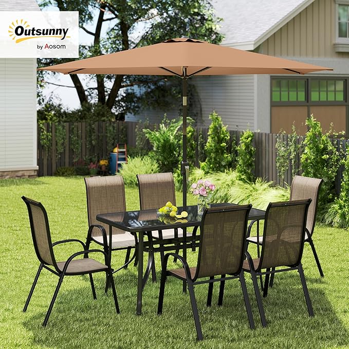 Outsunny 8 Pieces Patio Table and Chairs Set with 9 Ft Patio Umbrella, Outdoor Dining Set with 4.6 Ft Dining Table and 6 Chairs, Push Button Tilt and Crank Parasol, Tempered Glass Top, Mixed Brown