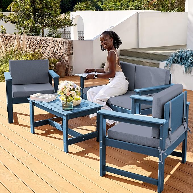 SERWALL 6 Pieces HDPE Outdoor Conversation Sofa Set with Cushions, All Weather Couch Loveseat Furniture with Coffee Table and Cushion, Outdoor Social Sofa Set, Blue Frame with Grey Cushions