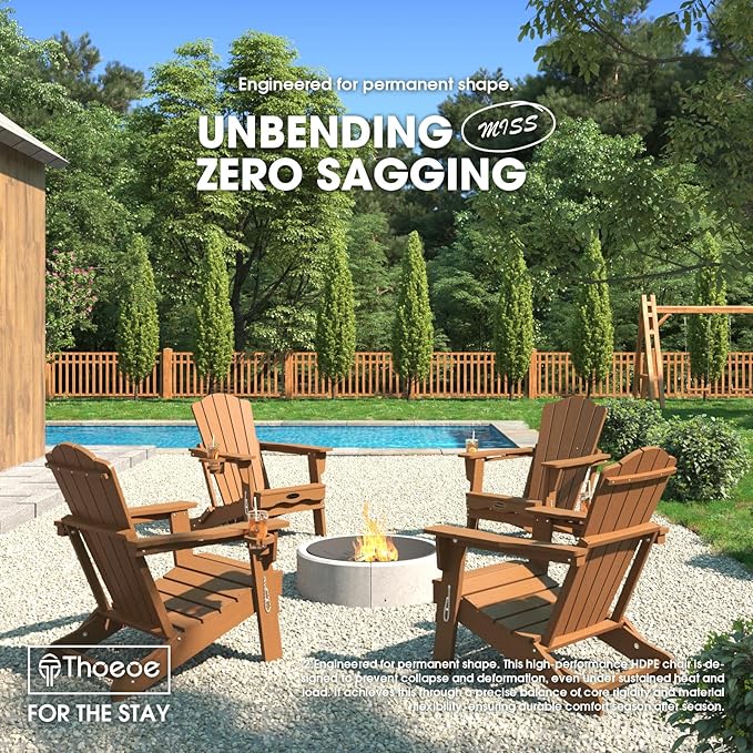 Folding Adirondack Chair Set of 2,HDPE All-Weather Outdoor Chair with Cup Holder,Wooden Textured,Fire Pit Chair,Plastic Patio Chair for Deck,Backyard,Garden,Lawn(Wood)