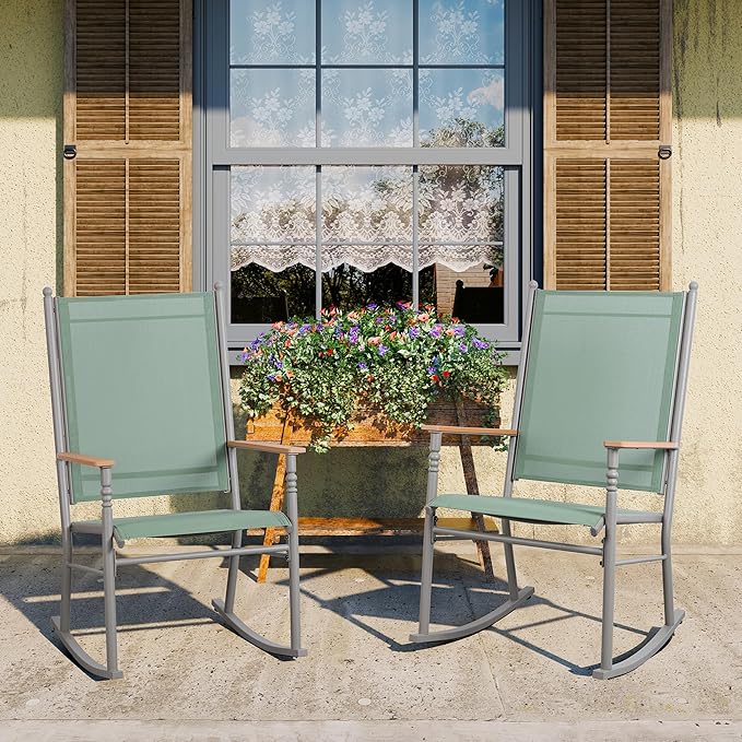 JY QAQA Outdoor Rocking Chair Set of 2, High Back All-Weather Patio Rocking Chairs with Breathable Back Rest for Adult, Ergonomic Design Porch Chairs for Porch, Garden, Balcony, Pool, Green