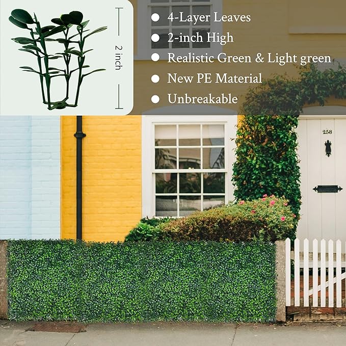 Artificial Grass Wall Panel,10"x 10"(16P) 4-Layer Leaf UV-Anti Greenery Faux Boxwood for Indoor,Outdoor Patio Balcony Privacy & Ivy Fence Covering Privacy, Garden, Backyard Wall Backdrop Decor