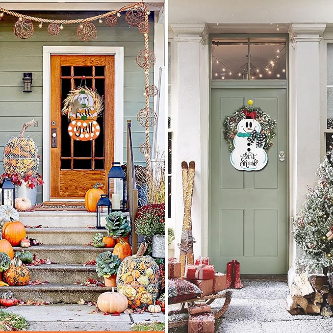 Fall Door Sign Reversible Pumpkin Snowman Wood Door Hanger Happy Fall Y'all Let It Snow Autumn Winter Front Door Porch Wreath Decorations