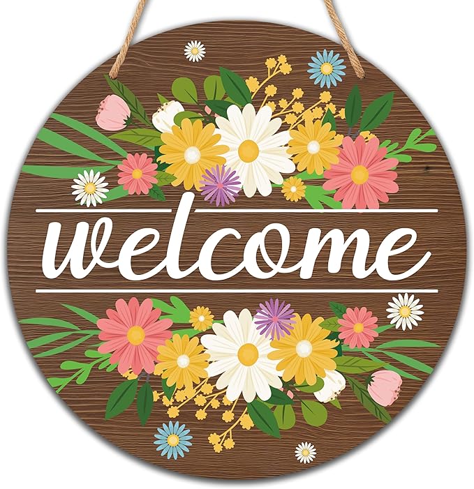 Welcome Front Door Sign, Spring Summer Flower Wooden Hanging Sign, Floral Farmhouse Front Door Hanger, Round Indoor Outdoor Home Porch Window Decor(10"x10")-B03