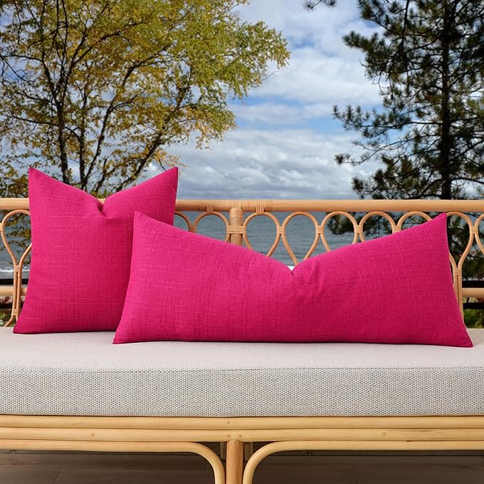 Kevin Textile Outdoor Waterproof Long Lumbar Pillow Cover 14x36 Inch Pack of 1 Checkered Decorative Rectangle Cushion Throw Pillowcases Shell for Patio Tent Garden Couch Bed Sofa Hot Pink