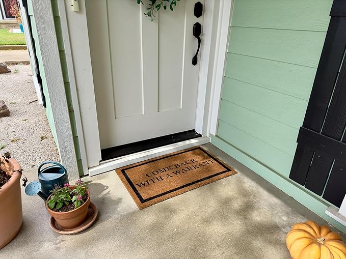 BIRDROCK HOME Come Back with a Warrant Coir Doormat | 18 x 30 Inch | Standard Welcome Mat with Black Border and Natural Fade | Vinyl Backed | Outdoor