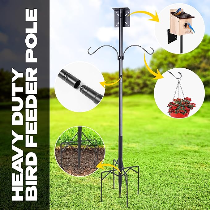 79 Inch Adjustable Bird Feeder Pole for Outdoors Heavy Duty | Birdhouse Pole | Bird Feeder Stand with Mounting Bracket and Shepherd's Hooks | Mounting Pole for Smart Bird Feeder