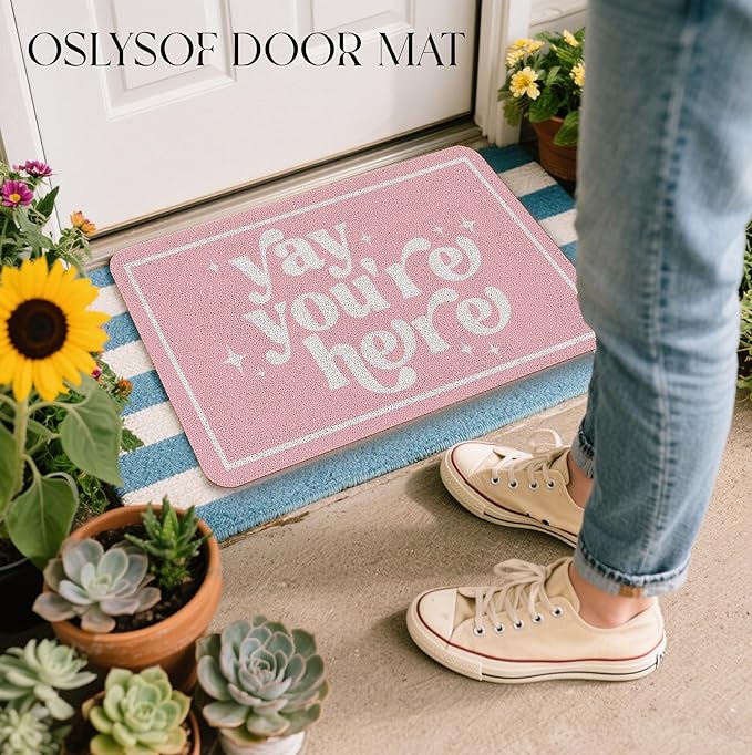 Funny Pink Door Mat, Yay You're Here Doormat for Front Door Indoor Outdoor Porch Entrance Entryway, Funny Welcome Mat Outside, 17x30 Inches