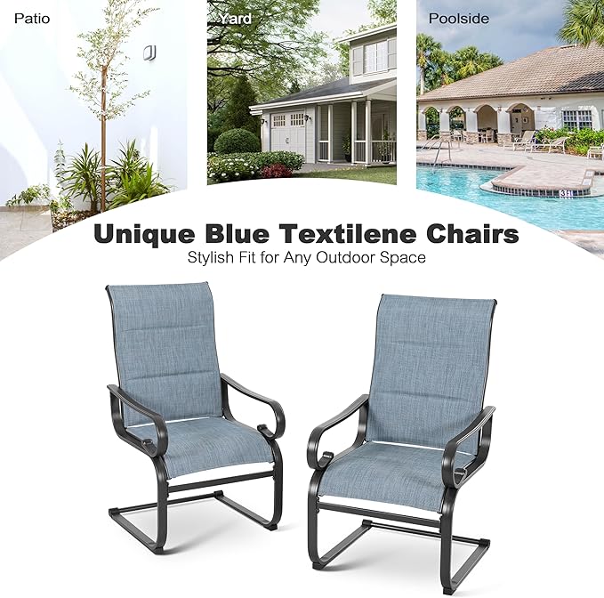 NUU GARDEN 7PCS Patio Dining Set with 1.6 Inch Umbrella Hole Powder-Coated Metal Frame Outdoor Furniture with 6 Padded Textilene C-Spring Chairs and Table for Backyard Garden Poolside Lawn Black Blue