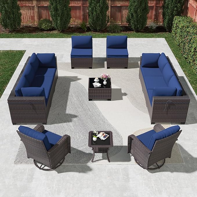 Kullavik 12PCS Outdoor Patio Furniture Set,PE Wicker Rattan Sectional Sofa Patio Conversation Sets with Tempered Glass Table,Swivel Rocking Chairs Set,Navy Blue