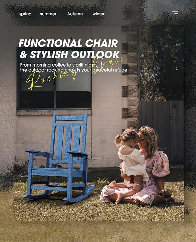 KINGYES Oversized Outdoor Rocking Chair Set of 6, All-Weather Patio Rocking Chairs for Porch, HDPE Outdoor Patio Rockers with High Back & Wide Seat for Garden, Lawn, Blue