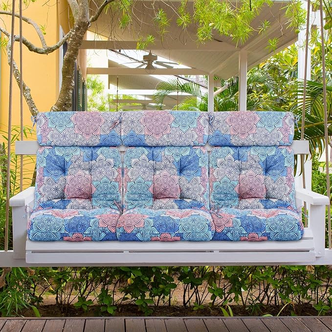 Barydat 4 Pcs Tufted High Back Chair Cushion Indoor Outdoor Seat and Back Cushions Palm Leaves Tropical Plants Lawn Rocking Chair Pads with Ties for Adirondack Patio Garden(Blue Flower)