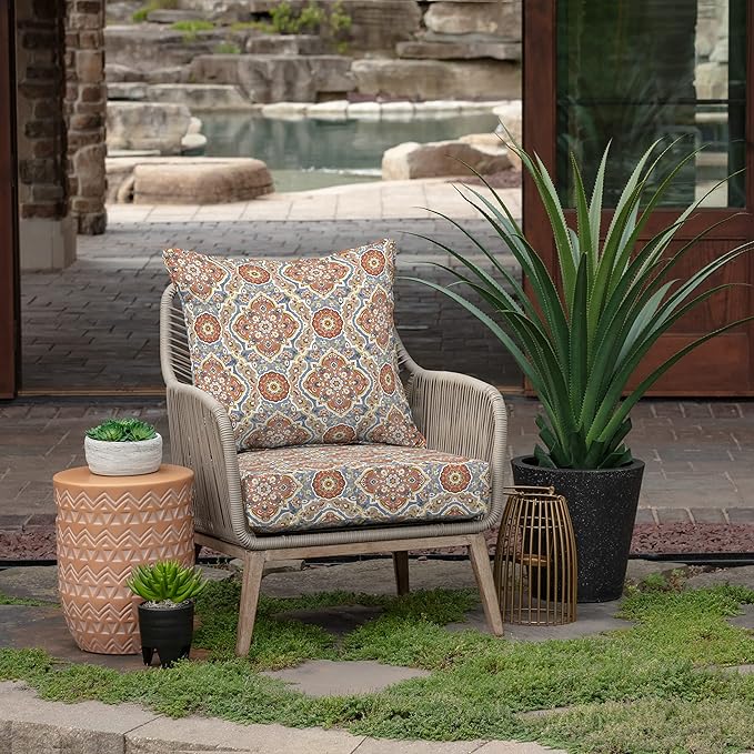 Arden Outdoor Foam Deep Seat Cushion Set, 24 in x 24 in, Weather-Proof, Rain-Proof, Fade Resistant Patio Cushion, Bottom and Back Cushion for Chair, Sofa, and Couch Global Vintage Medallion