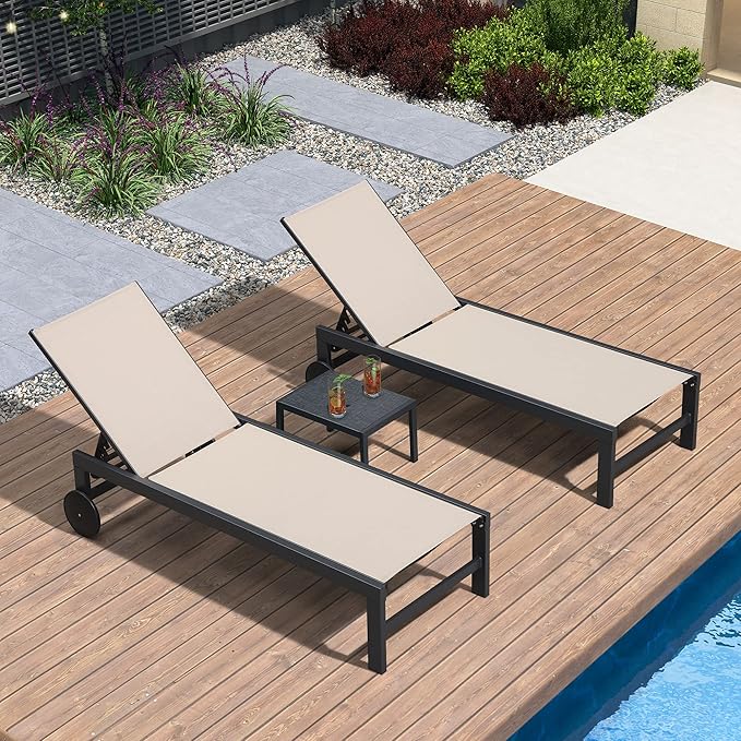 PURPLE LEAF Outdoor Chaise Lounge with Wheels for Outside 4 Pieces Aluminum Patio Lounge Chair with 5 Adjustable Position Recliner for Patio, Beach, Yard, Pool, Side Table Included, Beige