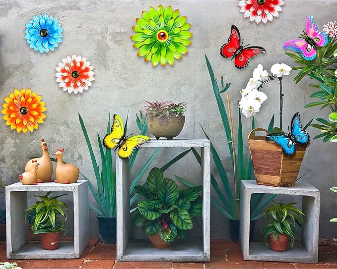 Gisafai 10 Pack Metal Flowers Wall Art Decor Outdoor, 3D 6 Pcs Daisy Flowers 4 Pcs Butterfly Metal Wall Art Fence Hanging for Fence, Patio, Garden, Backyard, Lawn, Balcony(Vintage)