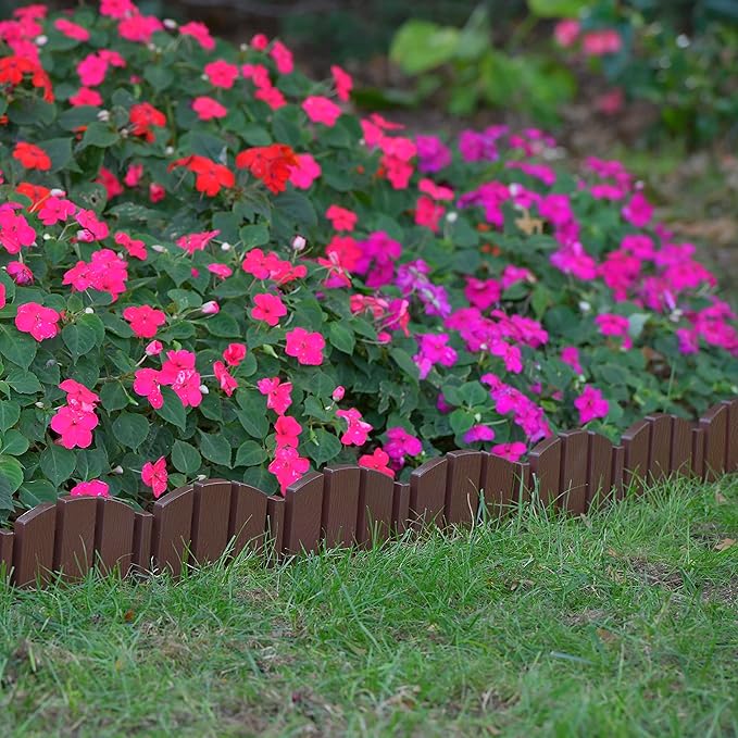 EasyFlex No-Dig Landscape Edging with Anchoring Spikes, 4.5 in. Tall Decorative Adirondack Wood-Look Fence Garden Border, 60 Foot Kit, Brown