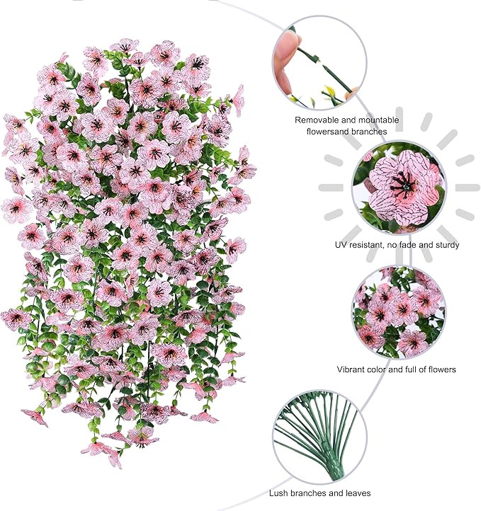 HyeFlora Artificial Flowers for Outdoors Decoration, 2Pcs Pink Fake Hanging Spring Summer Decor, Lifelike Plants, UV & Fading Resistant Flower for Porch Patio Balcony Planter Yard Home Garden