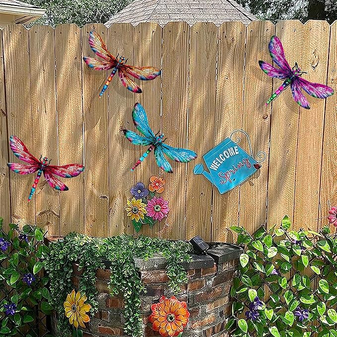 SUNREEK Metal Dragonfly Wall Decor, 9 Inches Dragonfly Outdoor Wall Art for Fence Garden Yard Patio Decorations