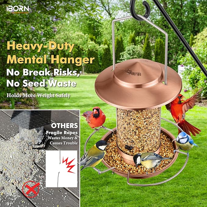 iBorn Bird Feeder Metal Squirrel Chew-Proof Bird Feeders for Outdoors Hanging Outside for Cardinal, Holds 1.5LB Seed with 3 Perchs, Brushed Copper (Seed is not Included)