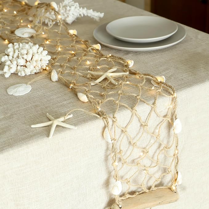 Seashell Garland 6.0FT (Length) × 0.5FT (Height) Rectangular Net Lights Beach Decor USB Battery Operated Ocean Light with Real Starfish Sand Dollars - Magic Conch Shell Beach Decorations for Home