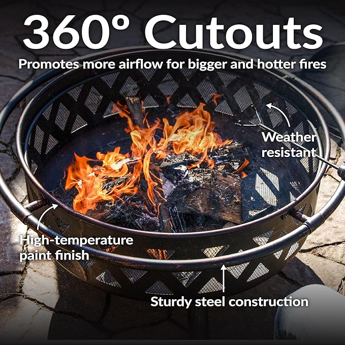 Sunnydaze Crossweave Outdoor Fire Pit - Wood-Burning Fire Pit for Outside with Spark Screen, Poker and Round Cover - 36-Inch - Bronze