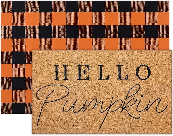 Tinideya 2 Pcs Fall Door Mat Thanksgiving Hello Pumpkin Welcome Non Slip Coir Mats Black Orange Buffalo Plaid Floor Layering Doormats Seasonal for Front Porch Entryway Decor(Black Orange)