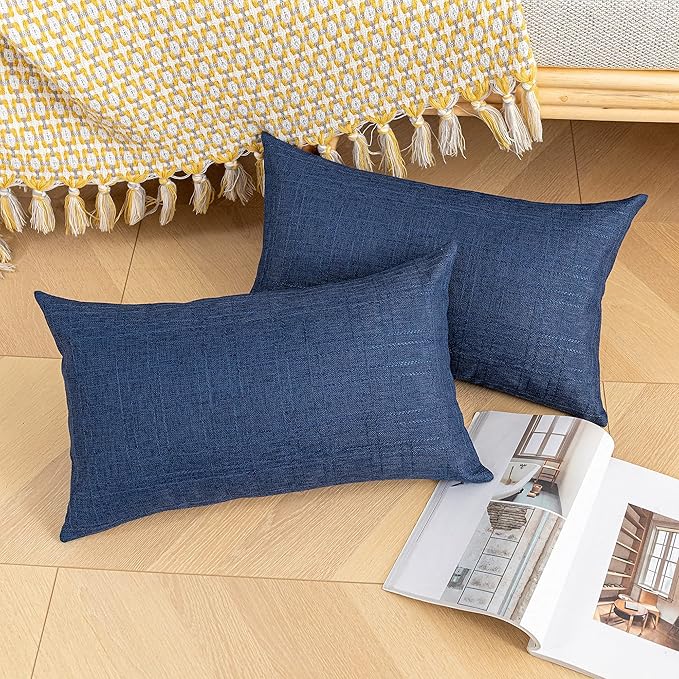 Kevin Textile Pack of 2 Decorative Outdoor Waterproof Throw Pillow Covers Checkered Lumbar Pillowcases Classic Cushion Cases for Patio Couch Bench 12 x 20 Inch Blue