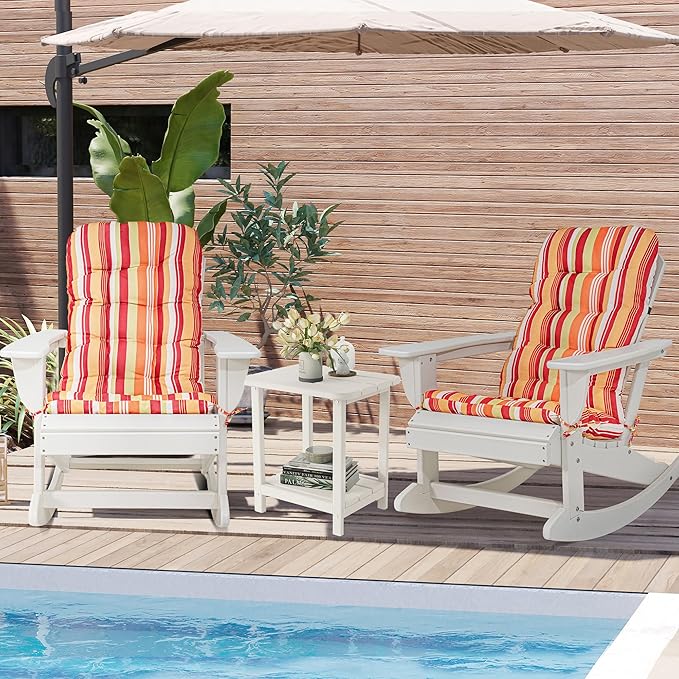 Sundale Outdoor Adirondack Rocking Chair with Cushion, HDPE Patio Plastic All Weather Adirondack Rocker, Water Resistant for Outside, Garden, Pool, Yard, White