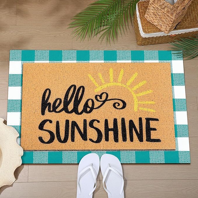 Tinideya 2 Pcs Summer Door Mat Non Slip Wildflower Coastal Hello Sunshine Sweet Home Ocean Pet Welcome Floor Doormat Buffalo Plaid Checked Stripe Mat Seasonal for Front Porch Entryway(Sunshine)