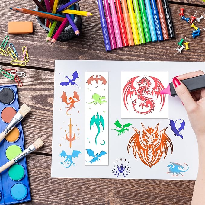 Keluna Dragon Stencils for Painting - 30 Pcs Reusable Pterosaur Moon Star Crafts Templates Dragon Themed Stencils for Painting onWood Wall DIY Art Craft Canvas Fabric Home Décor
