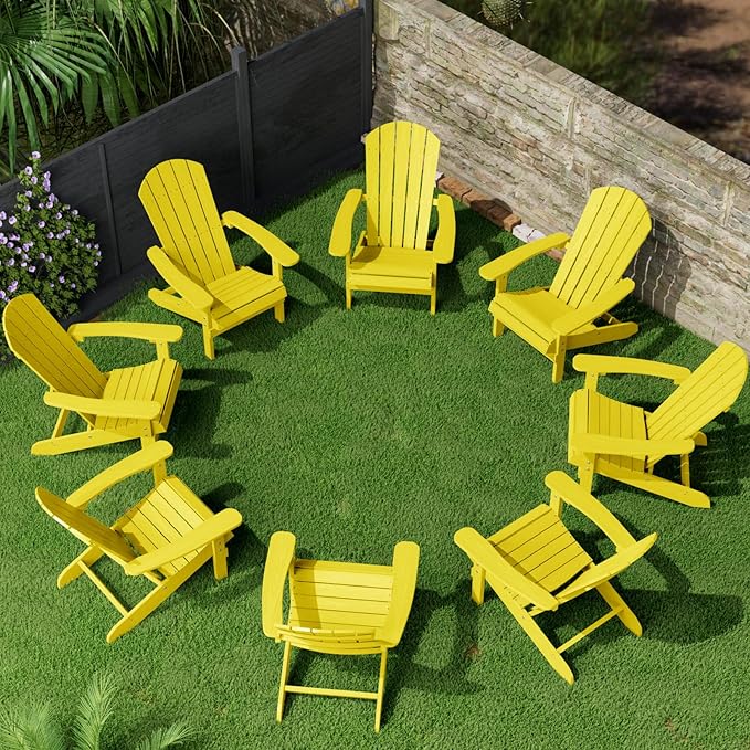 YEFU Adirondack Chairs Set of 8: Plastic Adirondack Chairs - Patio Chairs with Wood Texture - Outdoor Chair HIPS - Lawn Fire Pit Deck Porch Garden Chairs for Adults (Yellow)