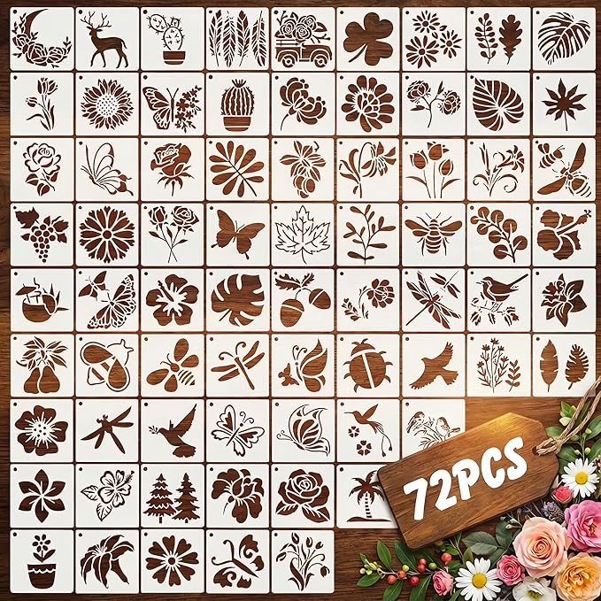 72 PCS Flower Stencils for Painting, Stencils for Crafts Reusable 3 x 3 Inch Floral Butterfly Bee Templates for Journals Rocks Gift Bags and Mini Canvas