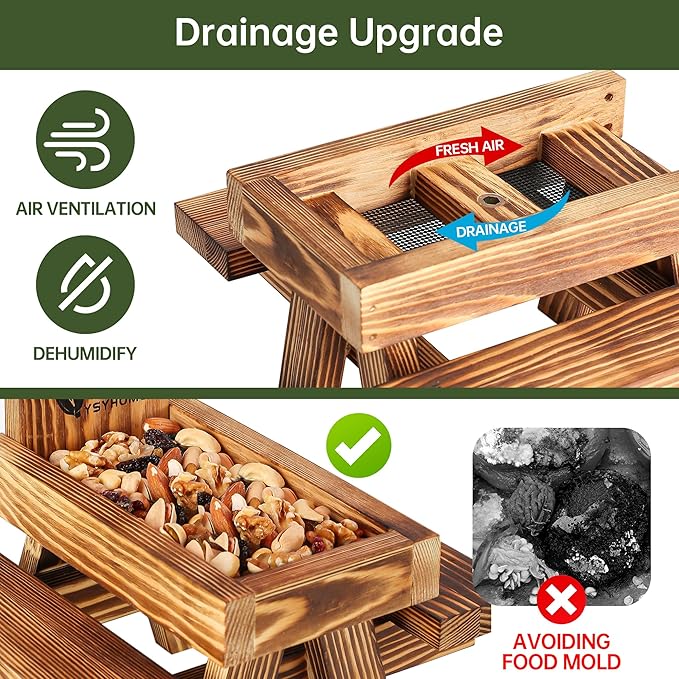 Squirrel Feeder for Outside Funny, Carbonized Wood Squirrel Picnic Table Feeder with Corn Cob Holder & Peanut Tray, Durable Picnic Table for Squirrel and Chipmunk, New Premium Gift