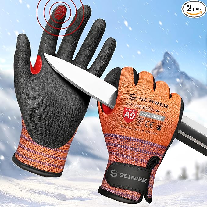 Schwer FreezeGuard-X Winter Work Gloves for Men and Women, ANSI A9 Cut Resistant Gloves for Extreme Protection, Freezer Glove With Super Grip, Thermal Insulated, Non PFAS, PM3326-W (XXL,2 Pairs)