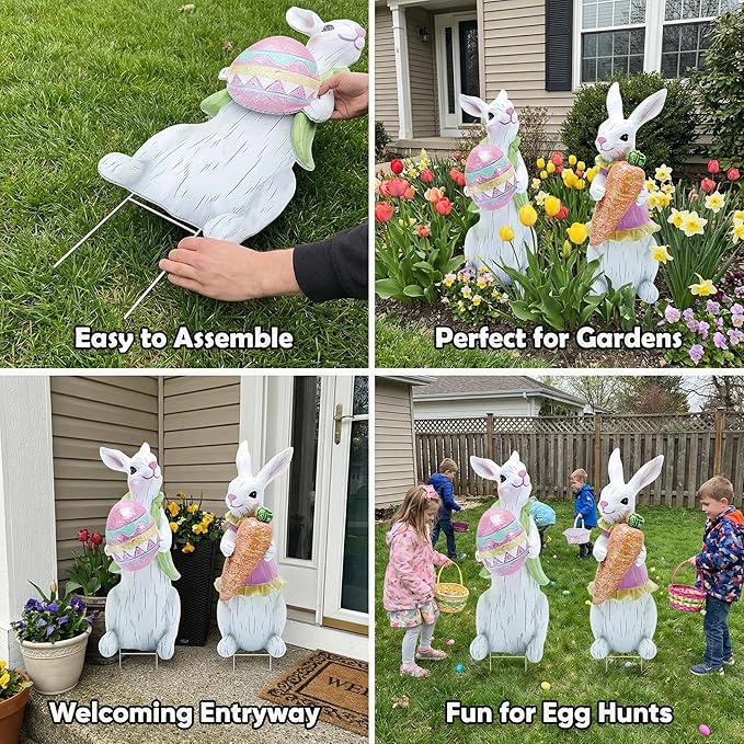 2 PCS Large Easter Decorations Outdoor Easter Yard Signs Easter Yard Decorations with Metal Stakes Bunny Decorations Easter Outdoor Garden Sign Waterproof Lawn Signs for Pathway Walkway