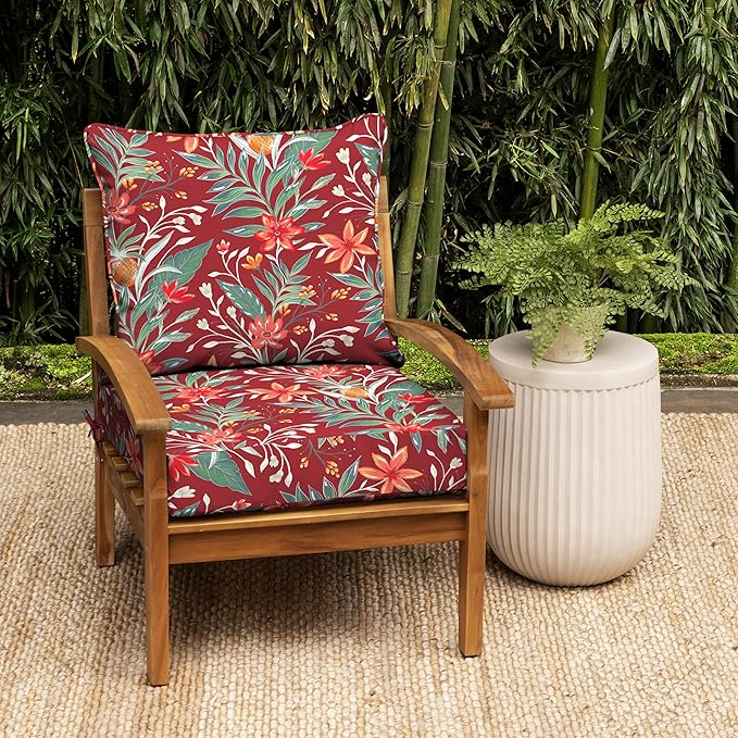 ARDEN earthFIBER Outdoor Foam Deep Seat Cushion Set, 24 in x 24 in, Weather-Proof, Rain-Proof, Fade Resistant Patio Cushion, Bottom and Back Cushion for Chair, Sofa, and Couch Luau Red Tropical Floral