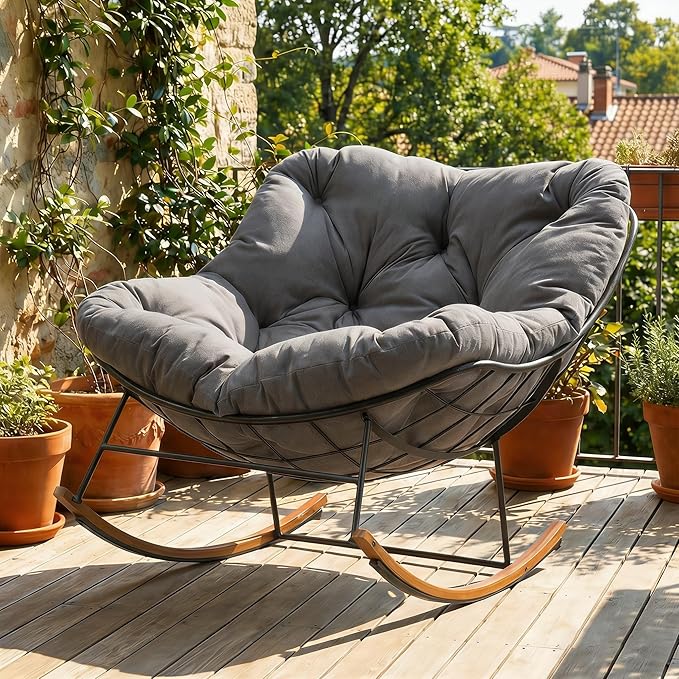Outdoor Rocking Chair, 400 lbs Sturdy Frame with Thick Cushion,Patio Papasan Chair for Bedroom, Living Room, Porch, Garden(Grey)