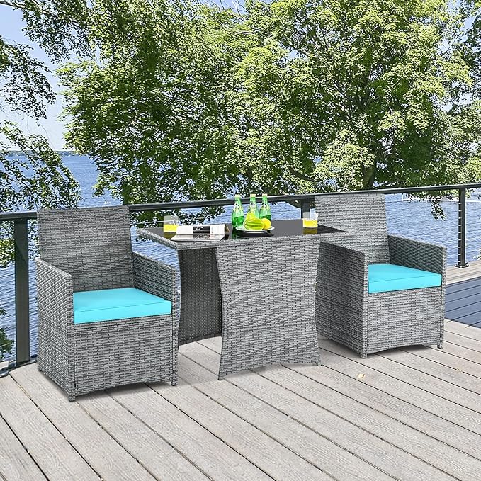 Tangkula 3 Pieces Patio Dining Set, Patiojoy Space-Saving PE Rattan Bistro Set with Tempered Glass Top Table and Cushioned Chairs, Outdoor Conversation Set for Garden, Backyard, Poolside, Porch