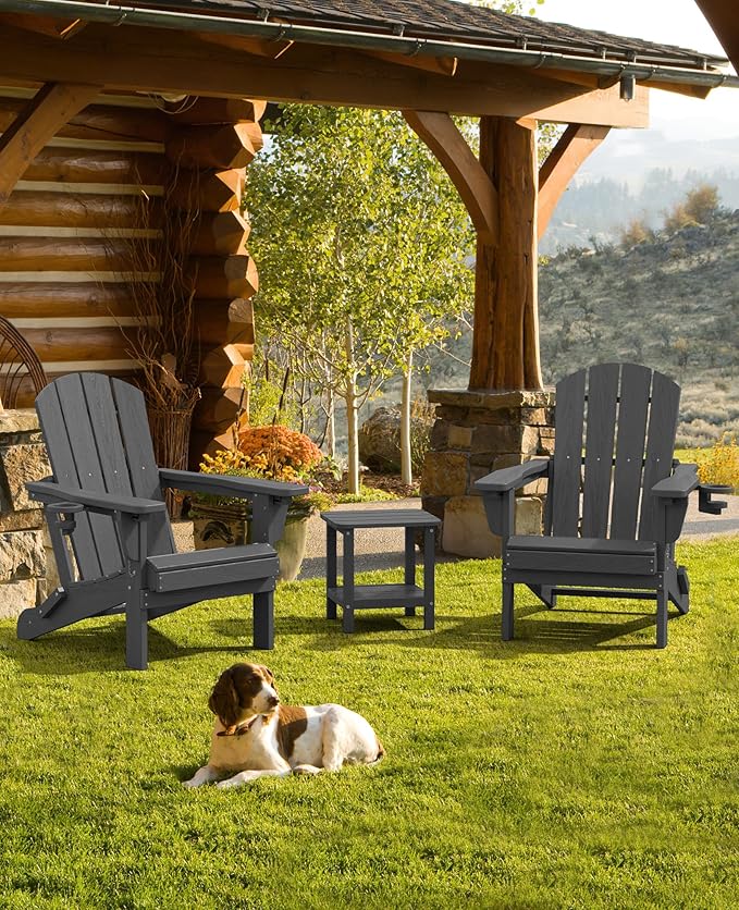 SERWALL Adirondack Chair with Cup Holder, Adjustable Outdoor Adirondack Chair with 3 Recline Positions, All Weather HDPE Adirondack, Gray