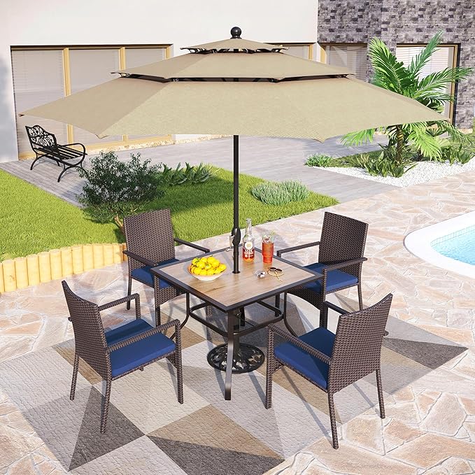 PHI VILLA 5 Piece Outdoor Dining Set with Umbrella for 4, 37" Square Metal Wood-top Dining Table & Wicker Rattan Chairs with Cushions & 10ft Beige Umbrella for Patio, Deck, Backyard, Porch