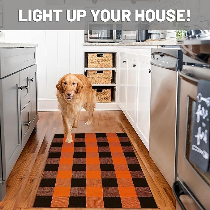 IOHOUZE Fall Buffalo Plaid Check Rug Outdoor Doormat 27.5 x 43 Inches Washable Woven Outdoor Indoor Welcome Mats for Front Door/Farmhouse/Entryway/Home Entrance Black and Orange Outdoor Rug