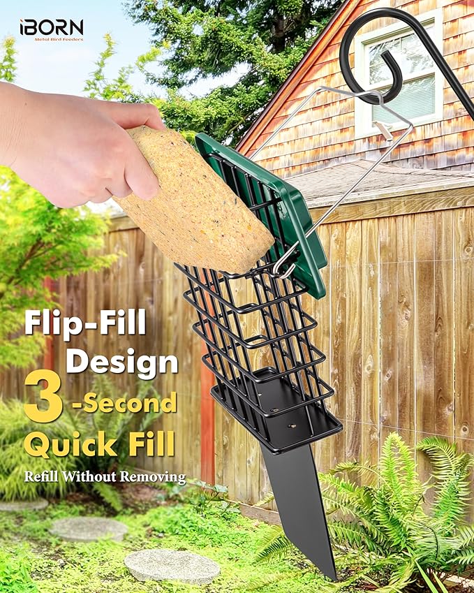 iBorn Suet Feeder with Tail Prop,Woodpecker Feeder,Suet Feeders for Outside Hanging,Suet Bird Feeders for Outdoors,Heavy-Duty Suet Cage,Suet Holder,Rainproof Roof,Easy Clean and Refill,1 Pack,Green