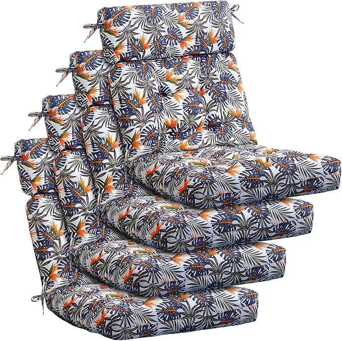 Barydat 4 Pcs Tufted High Back Chair Cushion Indoor Outdoor Seat and Back Cushions Palm Leaves Tropical Plants Lawn Rocking Chair Pads with Ties for Adirondack Patio Garden(Brown Blue)
