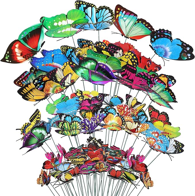 Augshy 75PCS Butterfly Decorations Stakes, Garden Butterflies Stakes Garden Ornaments PVC Waterproof for Outdoor Patio Decor Yard Lawn Home Decor Party Supplies Assored Size