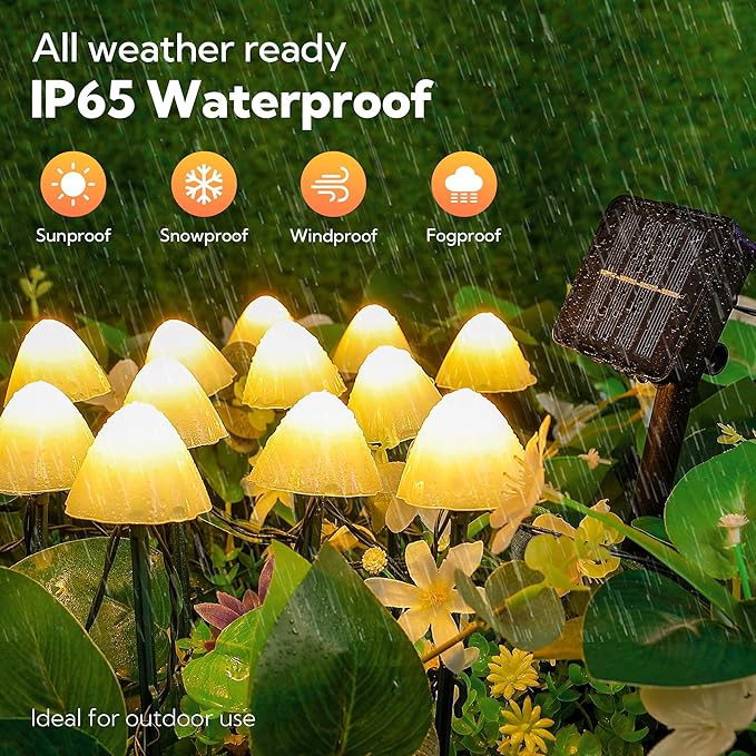 Solar Garden Lights, 12 LED 14.5ft Mini Mushroom Solar Lights Outdoor Waterproof, 2 Modes Lighted Mushroom Shaped Pathway Light for Patio Yard Garden Christmas Fall Decoration（Warm White）