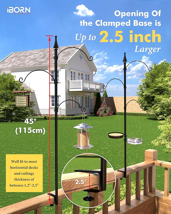 iBorn Shepherds Hooks for Outdoor Clamp On Deck Hook for 45“ Bird Feeder Hangers for Deck Railing Humming Bird Feeders Hanging Tri-Hooks+Feeder Trays 2024 Upgraded (Feeders are Not Included)