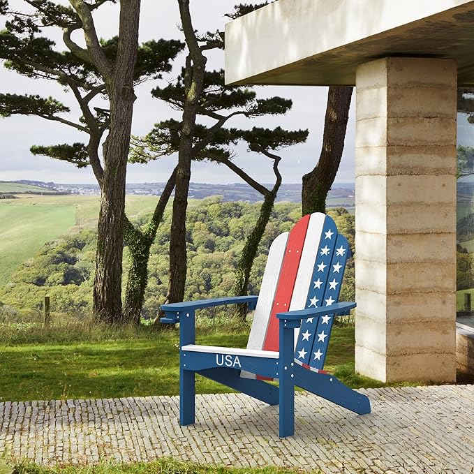 LUE BONA HDPS Adirondack Chairs, Fire Pit Outdoor Chair Weather Resistant with Cup Holder, Modern Plastic Chair Plastic for Patio, Deck, Proch, 350LBS, Flag Blue