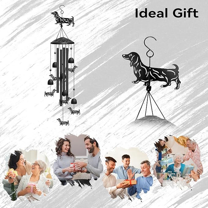 Dachshund Wind Chimes for Outside, Decorative Wind Chimes Dachshund Gifts for Women/Men, Memorial/Birthday Gifts, Garden Decor for Outside, Patio or Yard, Durable Chimes for Outdoors (Black)