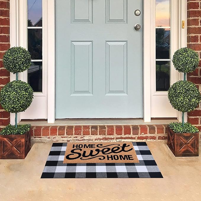 Home Sweet Home Doormat Set, 2-Piece Layered Front Porch Mat Combo, Natural Coir Welcome Mat with Black and White Buffalo Plaid Rug, Farmhouse Outdoor Entryway Decor for Porch, Patio, Home